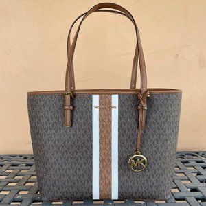 Michael Kors Jet Set Travel MD Carryall Shoulder Tote Bag Center Stripe MK Brown